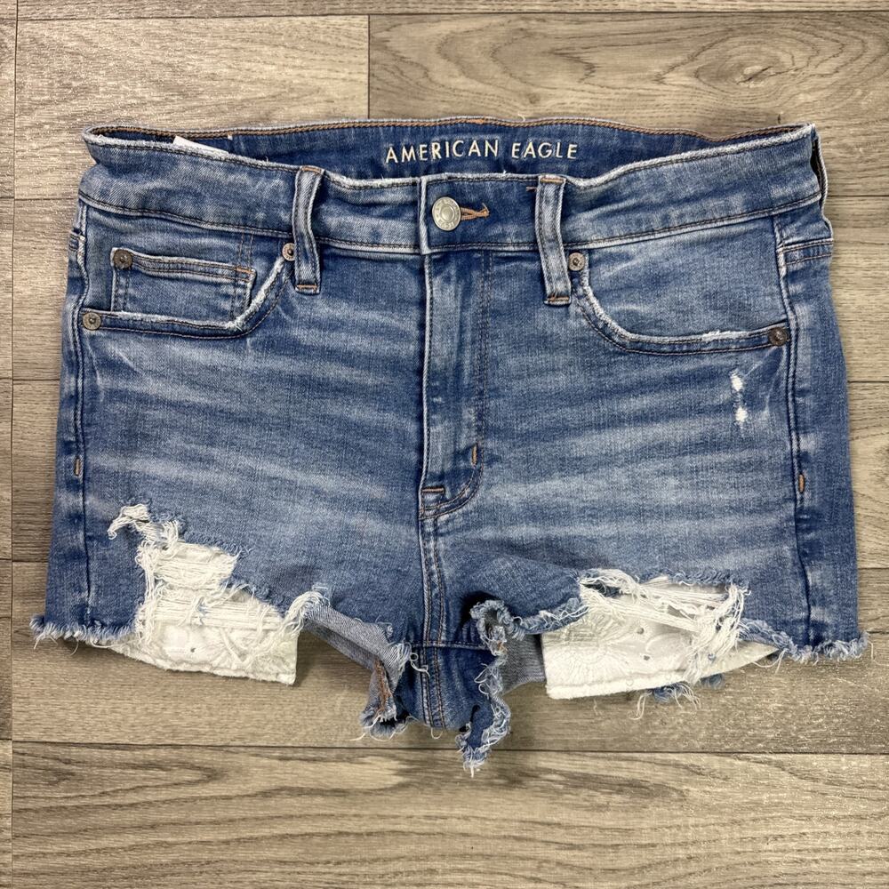 American Eagle High Rise Shortie Denim Jean Shorts Medium Wash sz 8